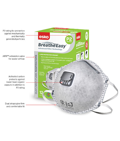 DRP2VC Esko BreatheEasy P2 Valved Mask with Carbon Filter, Box of 12