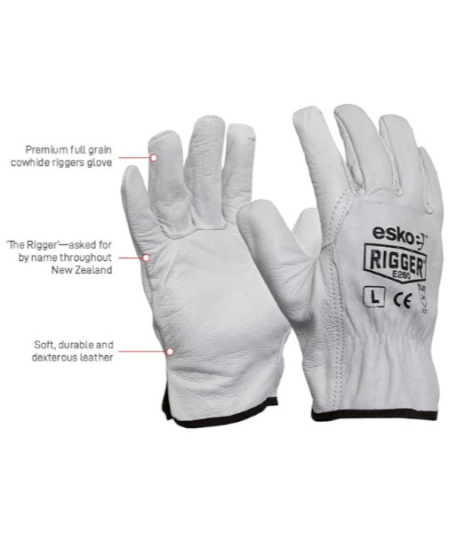 E280 Esko ‘The Rigger’ Premium Cowhide A Grade Leather Gloves, Sizes S to 4XL (sold per 12 pairs)