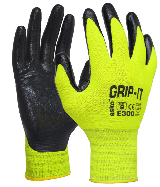 E300 Esko Grip-It Hi-Vis Nitrile Gloves, Sizes S to 3XL (sold per 12 pairs)