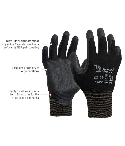 E420 Esko Black Hawk Nitrile Gloves, Sizes S to 2XL (sold per 12 pairs)