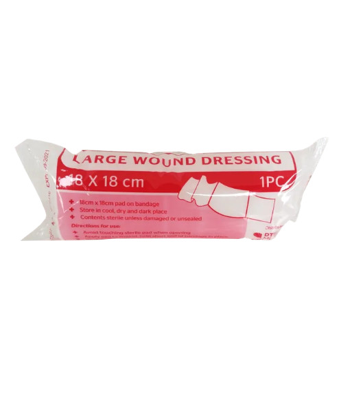 MD008 First Aid Large Wound Dressing Pad on Bandage 18cm x 18cm