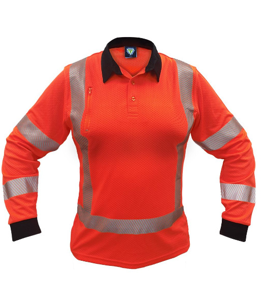 PCP1274 Caution TTMC-W22 X-Back Womens Long Sleeve Microvent Polo, Orange, Sizes 4 to 28