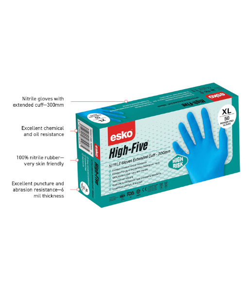 MDNHR6 Esko High Five 6mil High Risk Nitrile Disposable Gloves, Sizes S To XL