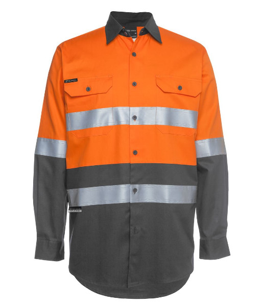 6DNWL JB’s Hi Vis Day/Night Long Sleeve 150g Cotton Work Shirt, Orange/Charcoal, Sizes 3XS to 6XL/7XL