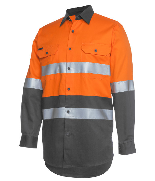 6DNWL JB’s Hi Vis Day/Night Long Sleeve 150g Cotton Work Shirt, Orange/Charcoal, Sizes 3XS to 6XL/7XL