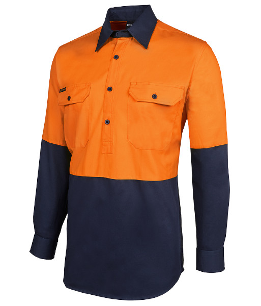 6HVCF JB’s Hi Vis Day Only Long Sleeve 190g Cotton Close Front Work Shirt, Orange/Navy, Sizes XS to 6XL/7XL