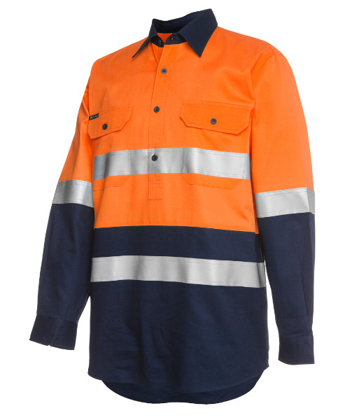 6HWCF JB’s Hi Vis Day/Night Long Sleeve 190g Cotton Close Front Work Shirt, Orange/Navy, Sizes XS to 6XL/7XL