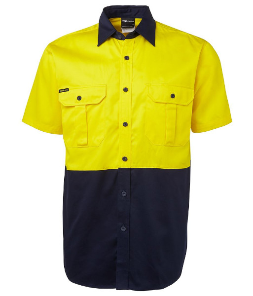 6HWS JB’s Hi Vis Day Only Short Sleeve 190g Cotton Work Shirt, Yellow/Navy, Sizes 2XS to 6XL/7XL