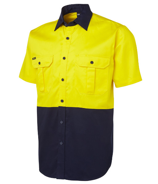 6HWS JB’s Hi Vis Day Only Short Sleeve 190g Cotton Work Shirt, Yellow/Navy, Sizes 2XS to 6XL/7XL