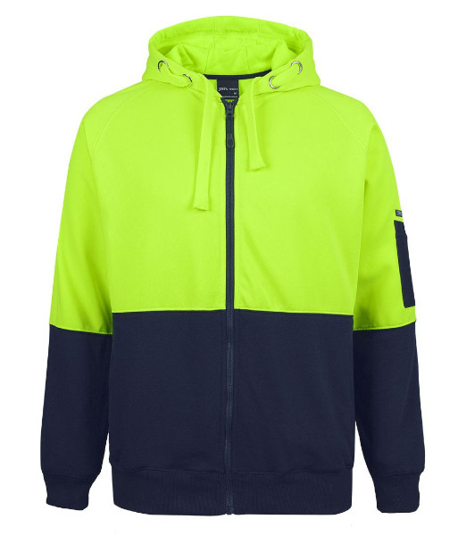 6HVH JB’s Hi-Vis Day Only Full Zip Fleecy Hoodie, Lime/Navy, Sizes 2XS to 5XL