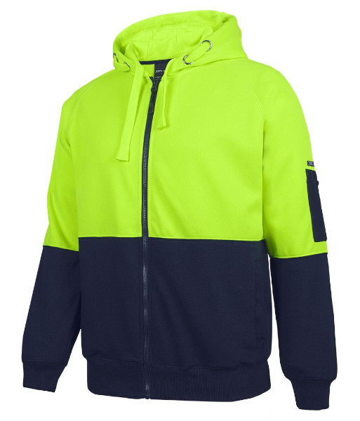 6HVH JB’s Hi-Vis Day Only Full Zip Fleecy Hoodie, Lime/Navy, Sizes 2XS to 5XL