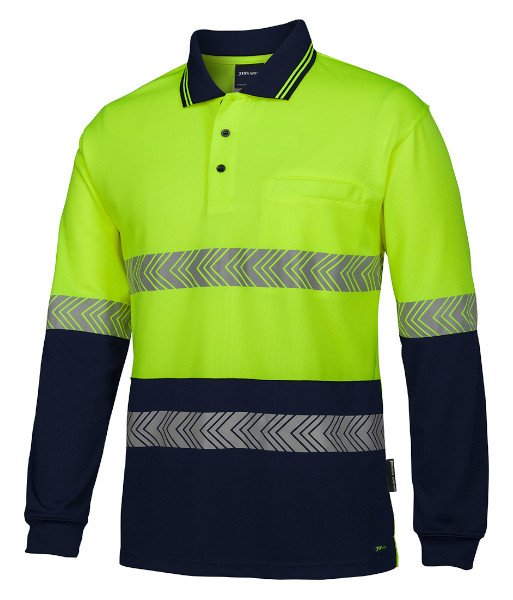 6HLST JB’s Hi Vis Long Sleeve Day/Night Segmented Tape Polo, Lime/Navy, Sizes XS to 5XL