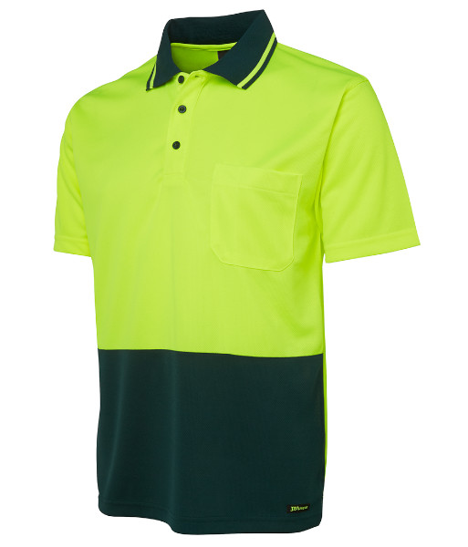 6HVNC JB’s Hi Vis Non Cuff Traditional Polo, Lime/Bottle, Sizes XS to 5XL