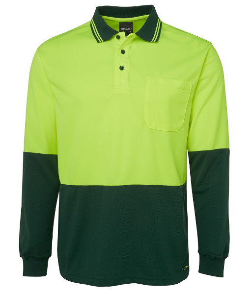 6HVPL JB’s Hi Vis Long Sleeve Traditional Polo, Lime/Bottle, Sizes XS to 5XL