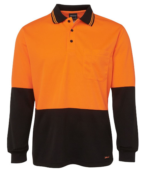 6HVPL JB’s Hi Vis Long Sleeve Traditional Polo, Orange/Black, Sizes 2XS to 5XL