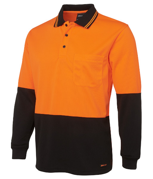 6HVPL JB’s Hi Vis Long Sleeve Traditional Polo, Orange/Black, Sizes 2XS to 5XL