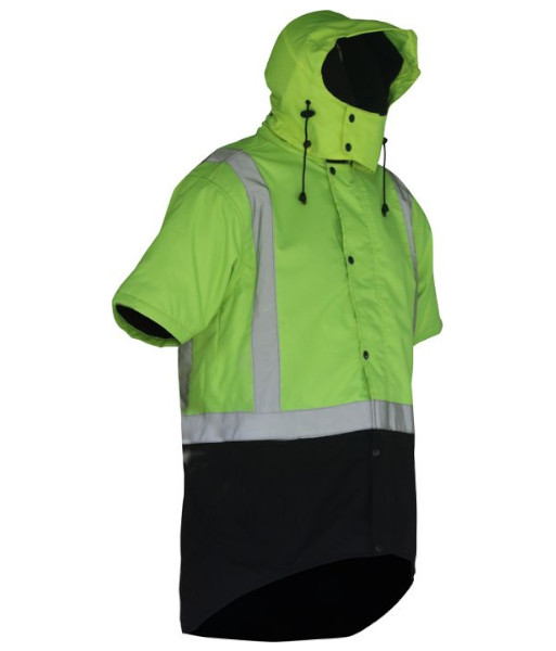 PCO1359 Caution Oilskin Day/Night Hooded Short Sleeve Vest, Yellow/Brown, Sizes S to 7XL