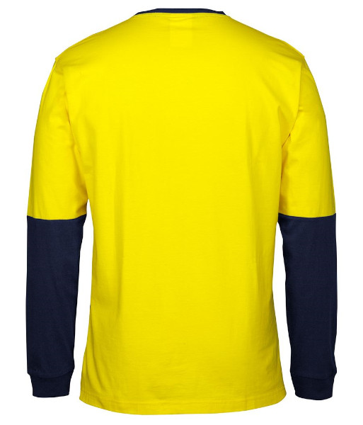 6HVTN JB’s Hi-Vis Long Sleeve Crew Neck Cotton T-Shirt, Yellow/Navy, Sizes XS to 5XL