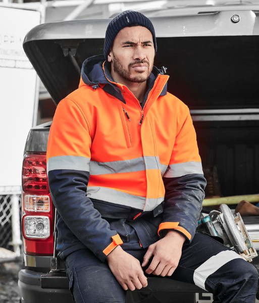 ZJ553 Syzmik Unisex Hi-Vis Day/Night Antarctic Softshell Jacket, Orange/Navy, Sizes 2XS to 7XL