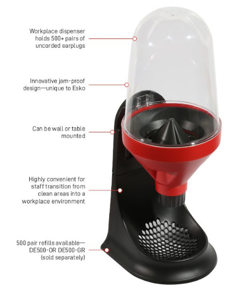 DE500-DPR Esko Vortex Jam-free Earplug Dispenser, 500 pairs