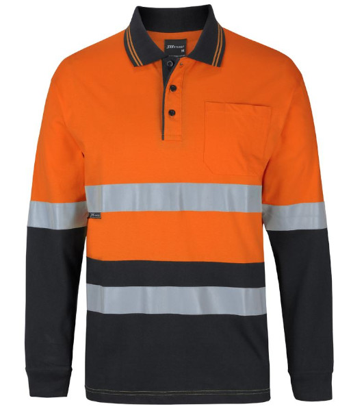6DCPL JB’s Hi Vis Day/Night Long Sleeve Cotton Polo, Orange/Black, Sizes 2XS to 5XL
