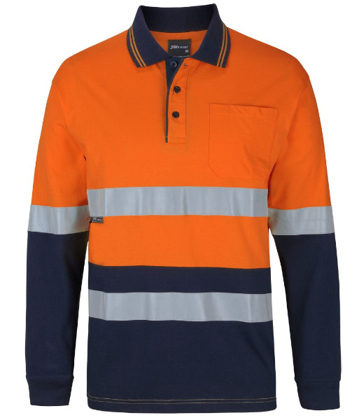 6DCPL JB’s Hi Vis Day/Night Long Sleeve Cotton Polo, Orange/Navy, Sizes 2XS to 5XL