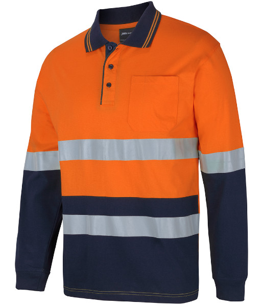 6DCPL JB’s Hi Vis Day/Night Long Sleeve Cotton Polo, Orange/Navy, Sizes 2XS to 5XL