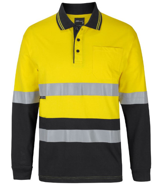 6DCPL JB’s Hi Vis Day/Night Long Sleeve Cotton Polo, Yellow/Black, Sizes 2XS to 5XL