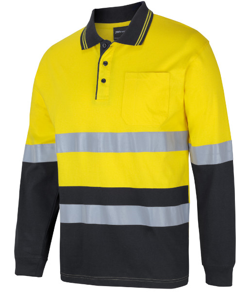 6DCPL JB’s Hi Vis Day/Night Long Sleeve Cotton Polo, Yellow/Black, Sizes 2XS to 5XL