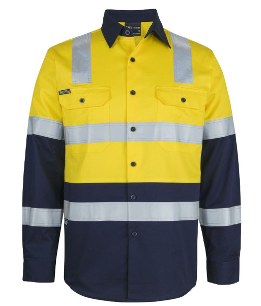 6DNW3 JB’s Hi Vis Day/Night Long Sleeve 150gsm Cotton Level 3 Work Shirt, Yellow/Navy, Sizes XS to 5XL