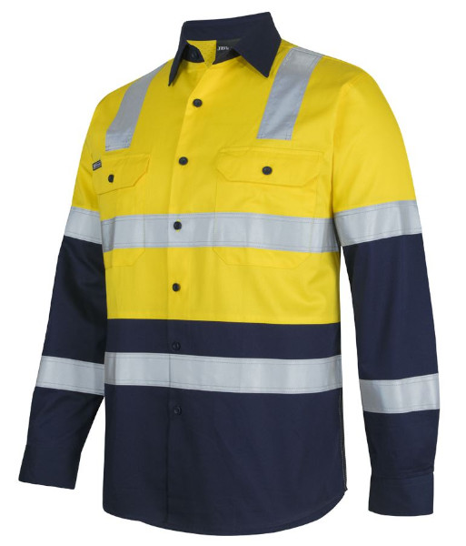 6DNW3 JB’s Hi Vis Day/Night Long Sleeve 150gsm Cotton Level 3 Work Shirt, Yellow/Navy, Sizes XS to 5XL