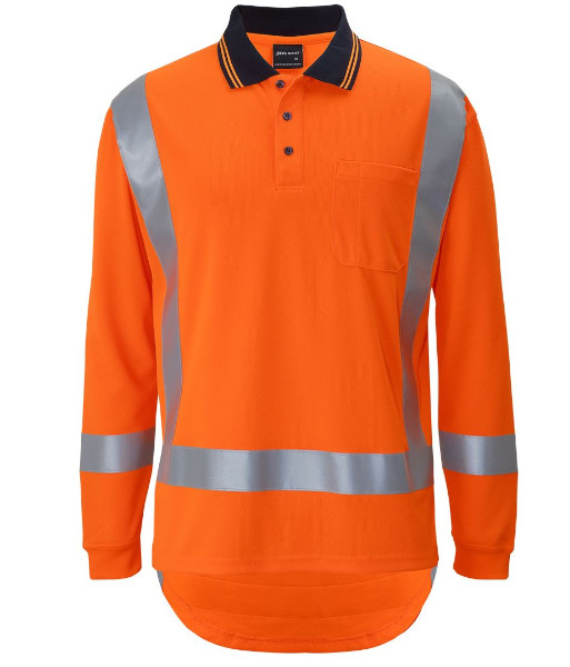 6DTLP JB’s Hi Vis TTMC-W Day/Night Long Sleeve Non Cuff Traditional Polo, Orange, Sizes XS to 6/7XL
