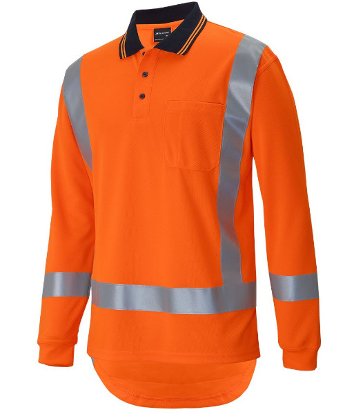6DTLP JB’s Hi Vis TTMC-W Day/Night Long Sleeve Non Cuff Traditional Polo, Orange, Sizes XS to 6/7XL