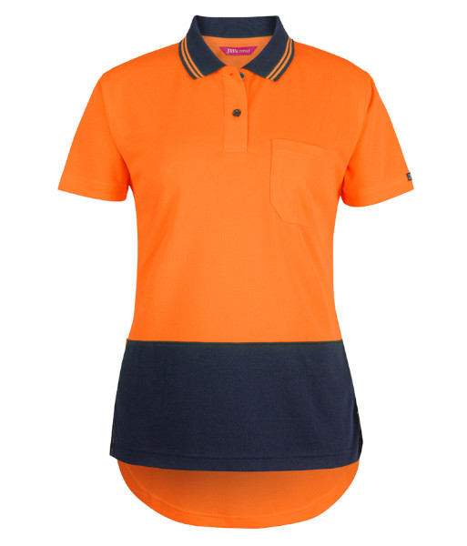 6HDS1 JB’s Ladies Hi Vis Day Only Short Sleeve Drop Tail Polo, Orange/Navy, Sizes 8 to 24