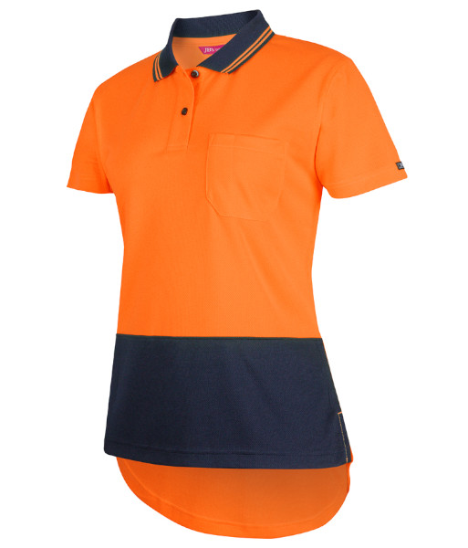 6HDS1 JB’s Ladies Hi Vis Day Only Short Sleeve Drop Tail Polo, Orange/Navy, Sizes 8 to 24