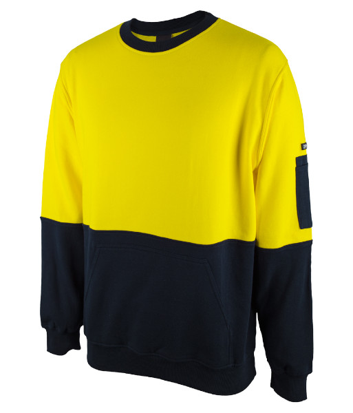 6HVCM JB’s Hi Vis Day Only 310gsm Cotton Crew Neck Fleece, Yellow/Navy, Sizes 2XS to 5XL