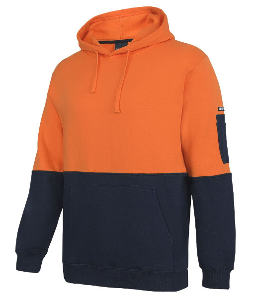 6HVPM JB’s Hi Vis Day Only 310gsm Cotton Pull Over Fleece Hoodie, Orange/Navy, Sizes 2XS to 5XL