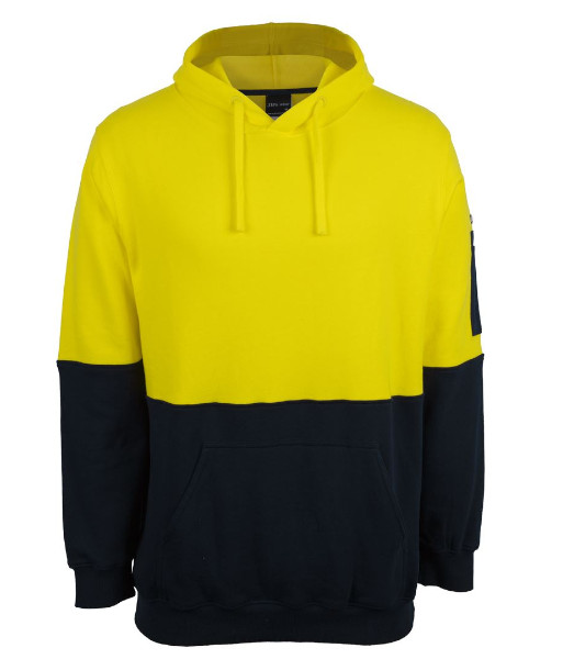 6HVPM JB’s Hi Vis Day Only 310gsm Cotton Pull Over Fleece Hoodie, Yellow/Navy, Sizes 2XS to 5XL