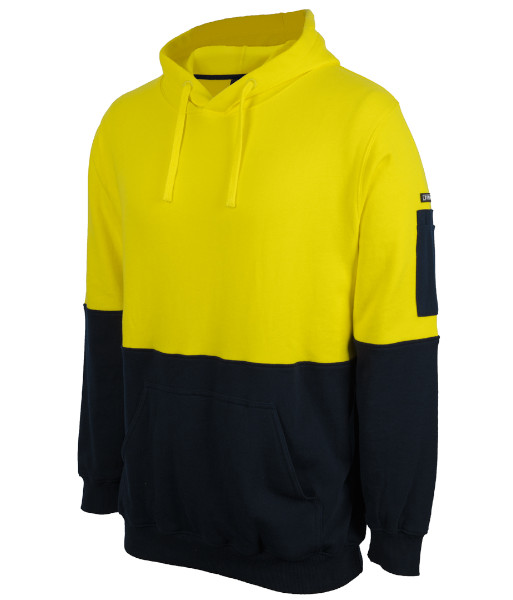 6HVPM JB’s Hi Vis Day Only 310gsm Cotton Pull Over Fleece Hoodie, Yellow/Navy, Sizes 2XS to 5XL