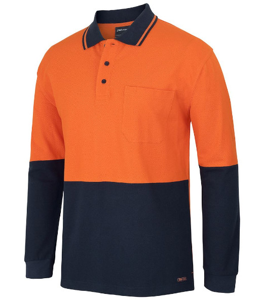 6HVQL JB’s Hi Vis Long Sleeve Cotton Pique Traditional Polo, Orange/Navy, Sizes 2XS to 5XL