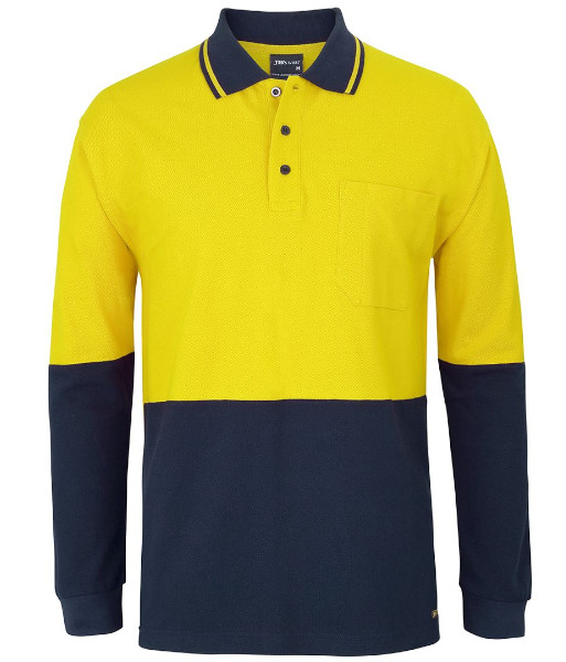 6HVQL JB’s Hi Vis Long Sleeve Cotton Pique Traditional Polo, Yellow/Navy, Sizes 2XS to 5XL