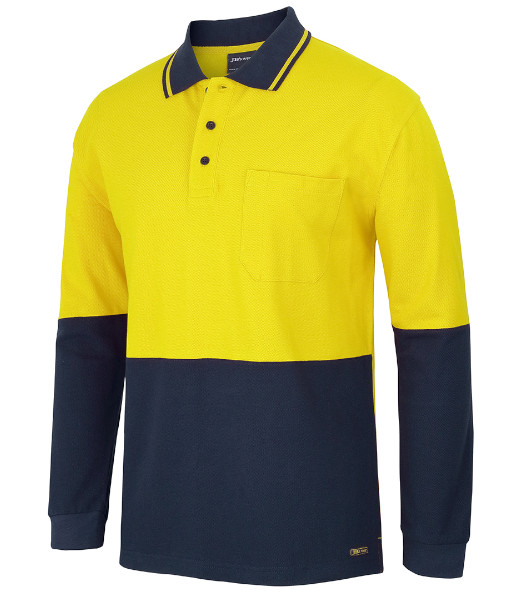6HVQL JB’s Hi Vis Long Sleeve Cotton Pique Traditional Polo, Yellow/Navy, Sizes 2XS to 5XL