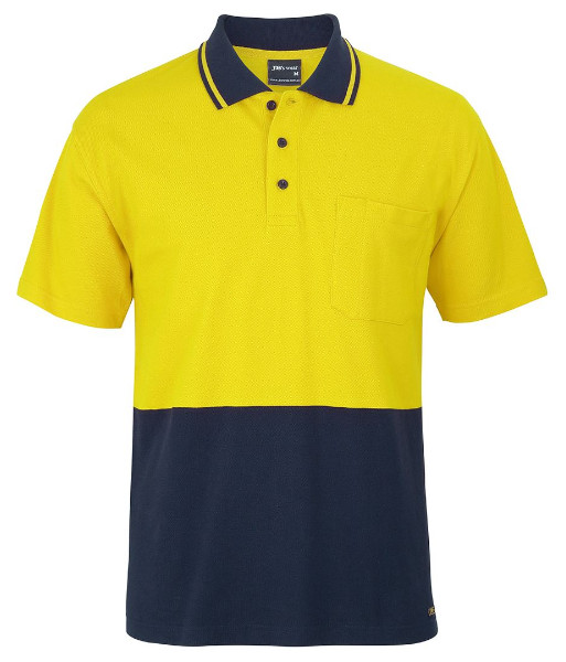6HVQS JB’s Hi Vis Short Sleeve Cotton Pique Traditional Polo, Yellow/Navy, Sizes 2XS to 5XL