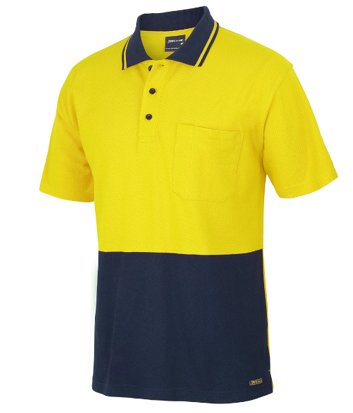 6HVQS JB’s Hi Vis Short Sleeve Cotton Pique Traditional Polo, Yellow/Navy, Sizes 2XS to 5XL