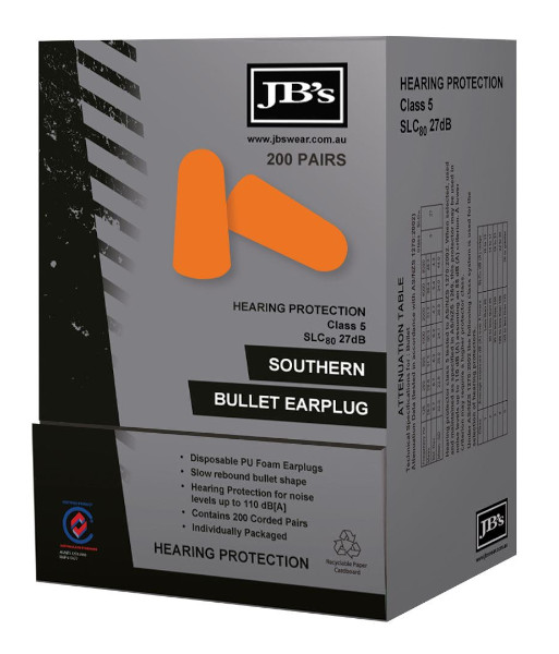 8P085 JB’s Corded Southern Bullet Earplugs, Box of 200 Pairs