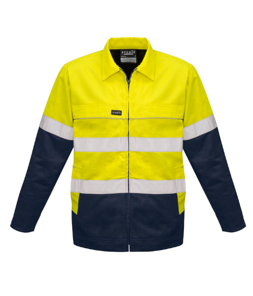 ZJ590 Syzmik Mens Hi Vis Day/Night Cotton Drill Jacket, Yellow/Navy, Sizes 2XS to 7XL