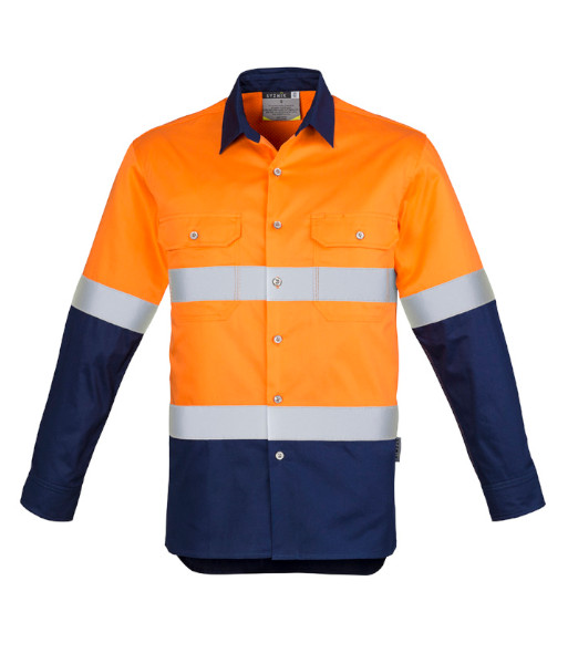 ZW123 Syzmik Mens Hi Vis Day/Night Industrial Hoop Taped Long Sleeve Shirt, Orange/Navy, Sizes 2XS to 7XL
