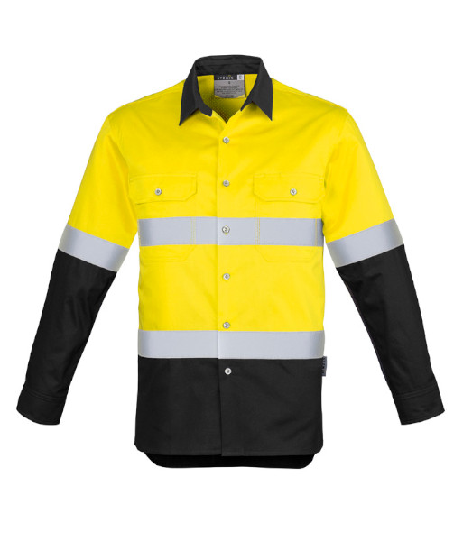 ZW123 Syzmik Mens Hi Vis Day/Night Industrial Hoop Taped Long Sleeve Shirt, Yellow/Black, Sizes 2XS to 7XL