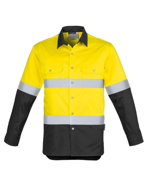 ZW123 Syzmik Mens Hi Vis Day/Night Industrial Hoop Taped Long Sleeve Shirt, Yellow/Charcoal, Sizes 2XS to 7XL