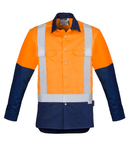 ZW124 Syzmik Mens Hi Vis Day/Night Industrial Shoulder Taped Long Sleeve Shirt, Orange/Navy, Sizes 2XS to 7XL